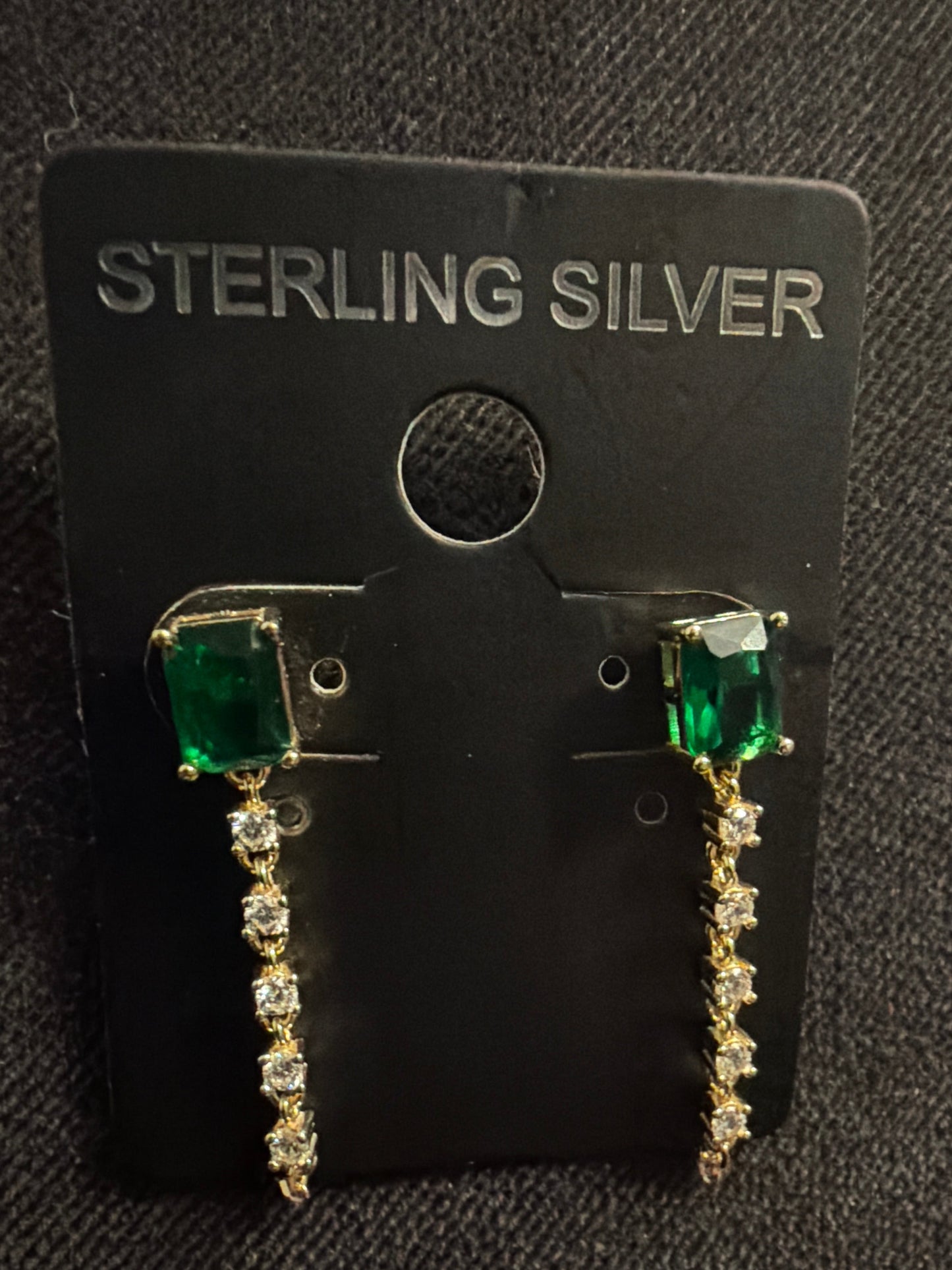 Sterling silver emerald cz chain earrings