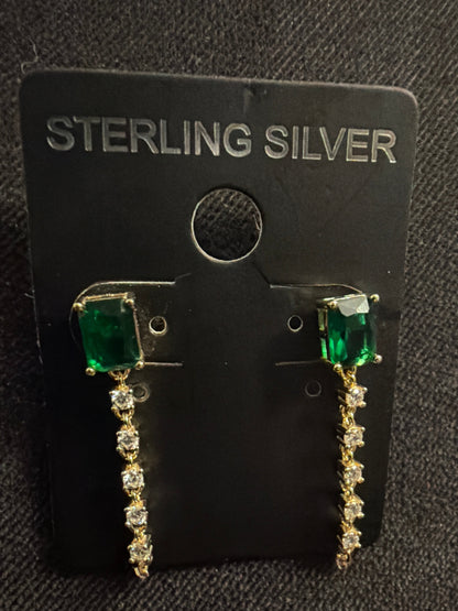 Sterling silver emerald cz chain earrings